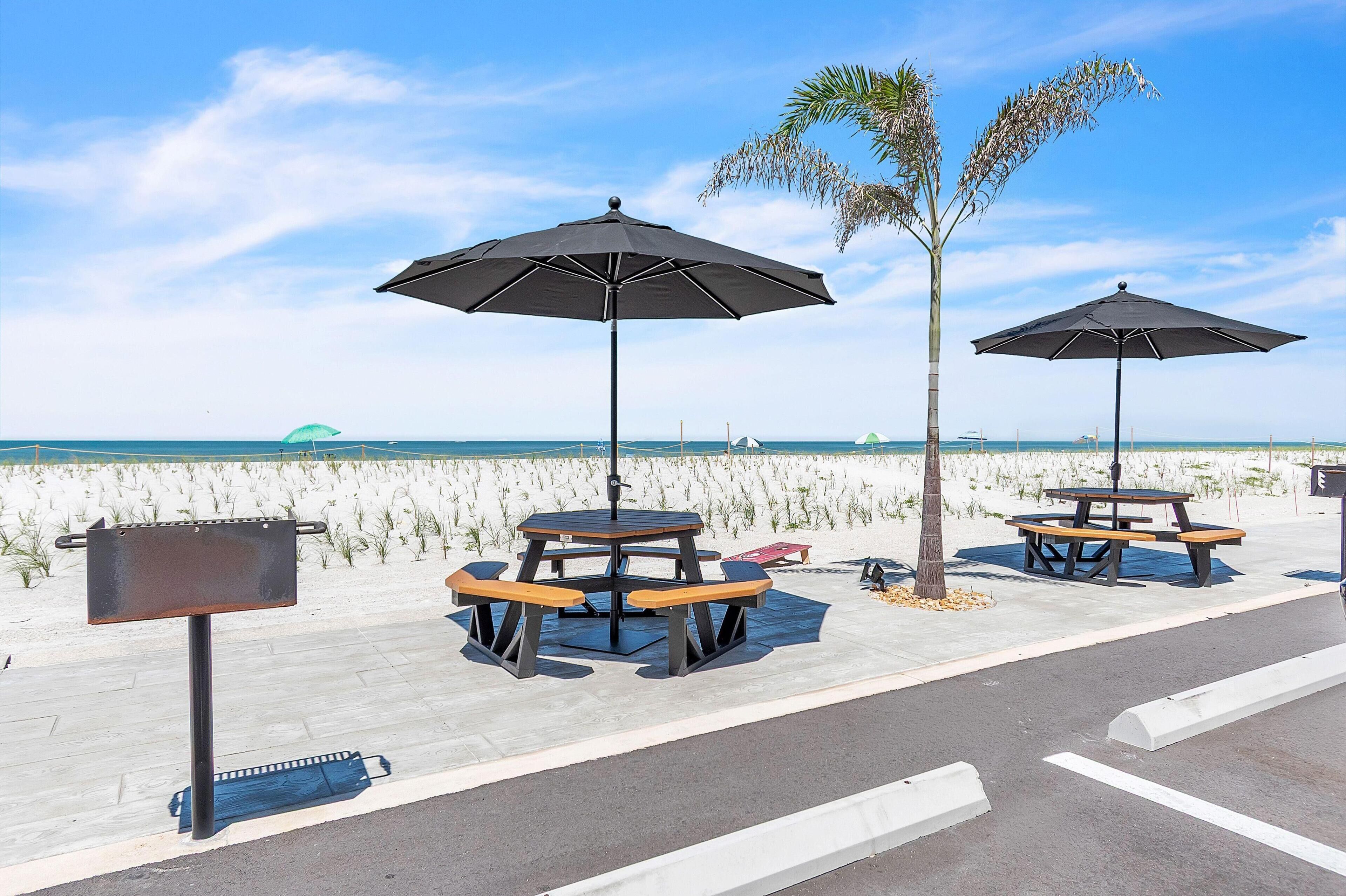 A beachside picnic area with tables and umbrellas, a palm tree, and a view of the ocean.