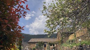 A stone house with a wooden door, a small front yard, and a mountain backdrop. - Gîte de Poussiels - SAINT ANDEOL DE CLERGUEMORT (SAINT ANDEOL DE CLERGUEMORT)