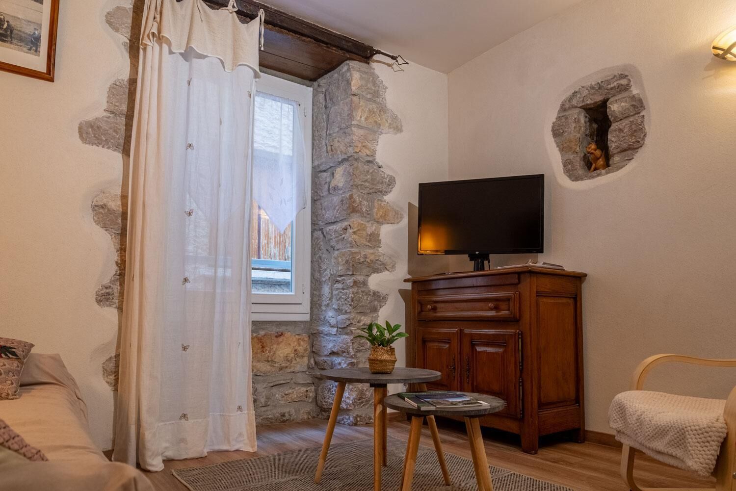 A cozy room with a stone wall, a television, a wooden cabinet, a small table with a plant, and a chair.
