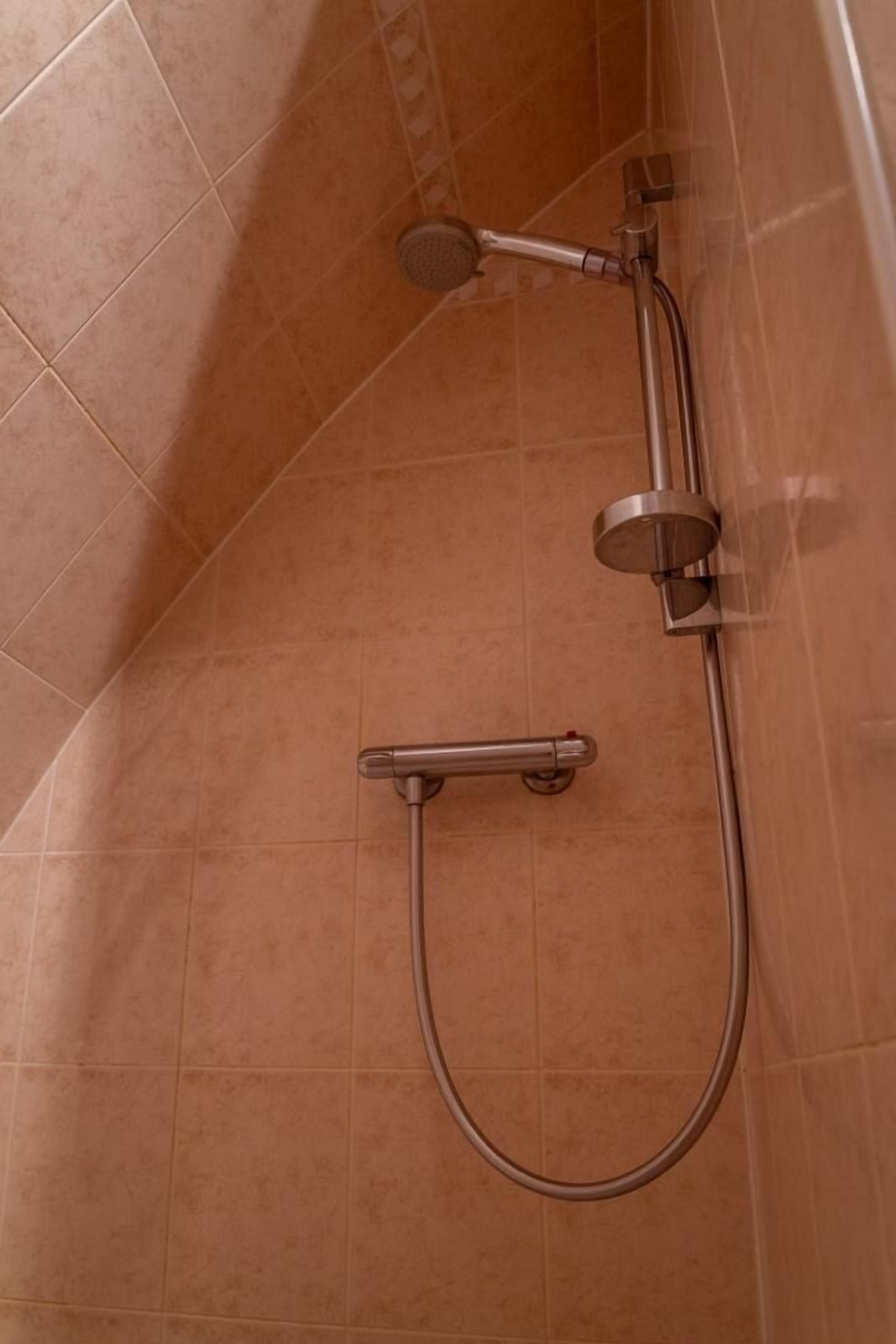 A shower area with a handheld showerhead and a wall-mounted faucet.