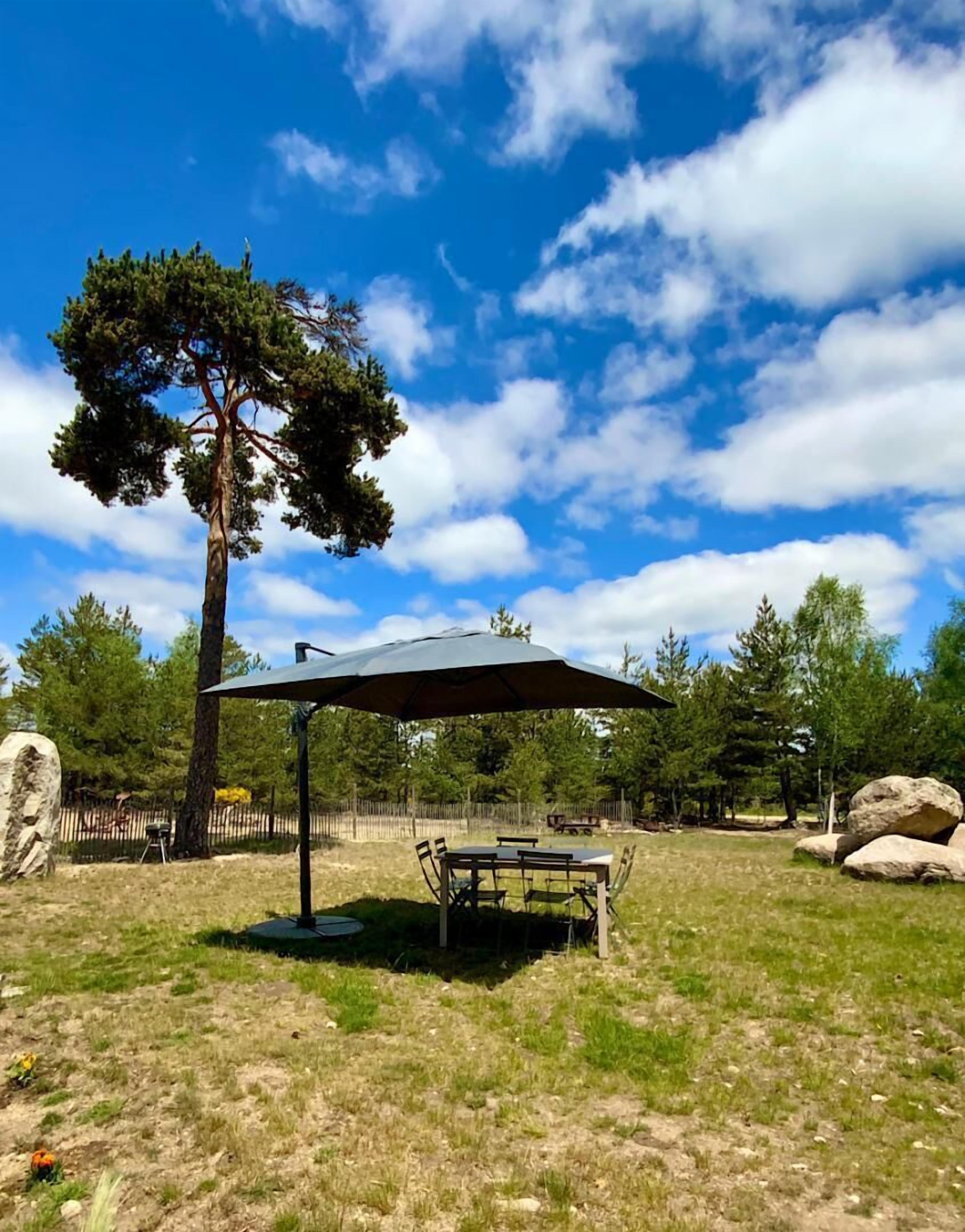 A picnic area with a table and chairs under a large umbrella, surrounded by trees and a clear sky.
