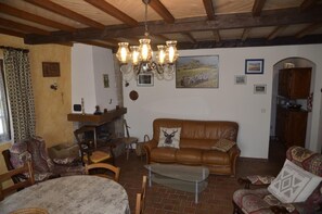Télévision, cheminée, lecteur de DVD, livres