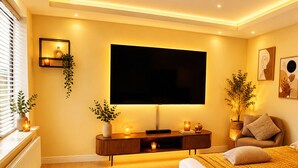 A modern bedroom with a large bed, a TV mounted on the wall, a bedside table with a lamp, and a window with blinds. - Four Seasons Spring Suite (Aalborg)