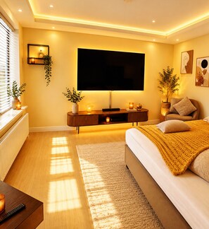 Ein modernes Schlafzimmer mit einem großen Bett, einem an der Wand montierten Fernseher, einem Nachttisch mit Lampe und einem Fenster mit Jalousien.