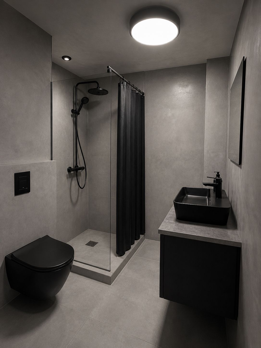 Un baño moderno con cabina de ducha de vidrio, inodoro negro y lavamanos minimalista.