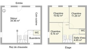 Two floor plans of a hotel with a living room, kitchenette, bathroom, and storage area on the ground floor, and two bedrooms, a bathroom, and a water room on the upper floor. - Gîte des Arches - RIMEIZE (RIMEIZE)