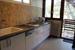 Eine Küche mit Spüle, Geschirrspüler und Fenster mit Blick auf eine Terrasse.