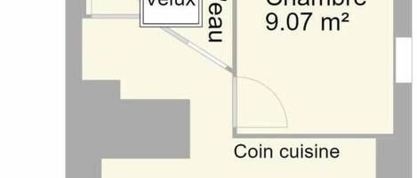 Plano de planta que muestra un inodoro (1.37 m²), un tragaluz, un cuarto de baño (2.72 m²), un dormitorio (9.07 m²), una cocina americana y una entrada.