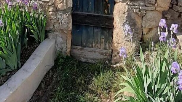 A stone cottage with a wooden door, surrounded by greenery and flowers. - La Cazelle - LE ROZIER (LE ROZIER)