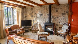 Una sala de estar acogedora con paredes de piedra, chimenea, sofás de cuero y un televisor.