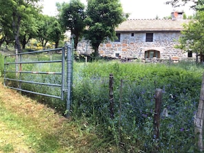A stone building with a stone roof, surrounded by a metal gate and lush greenery. - GITE DE MONTGROS - LE PONT-DE-MONTVERT (LE PONT-DE-MONTVERT)