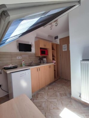 Small loft room | Private kitchen | Mini-fridge, microwave, stovetop, cookware/dishes/utensils