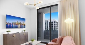 Een moderne woonkamer met uitzicht op de stad, een grijs kastje, een roze bank en een raam van de vloer tot aan het plafond.