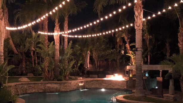 A swimming pool with a hot tub, surrounded by palm trees and string lights.
