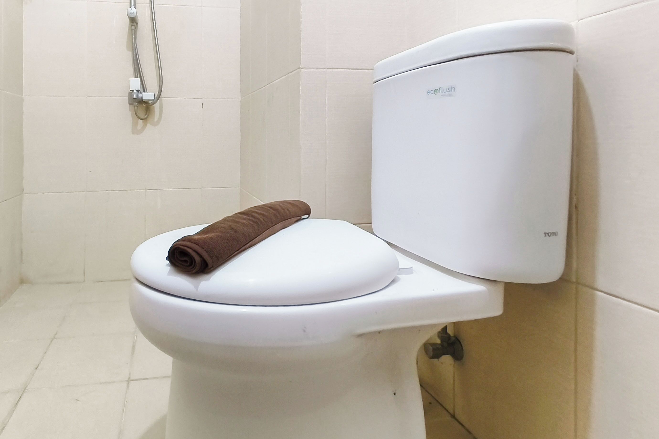 Inodoro con una toalla marrón sobre el asiento, un accionador de la descarga y un dispensador de papel higiénico.