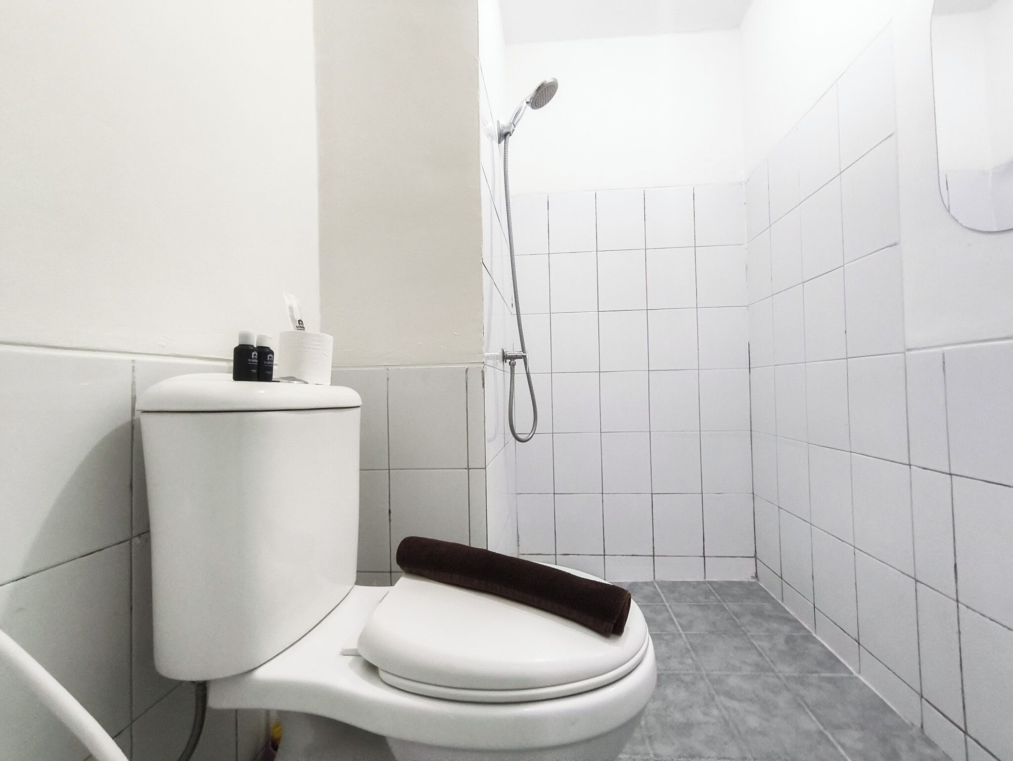 A small, modern bathroom with a toilet, a shower, and a towel rack.
