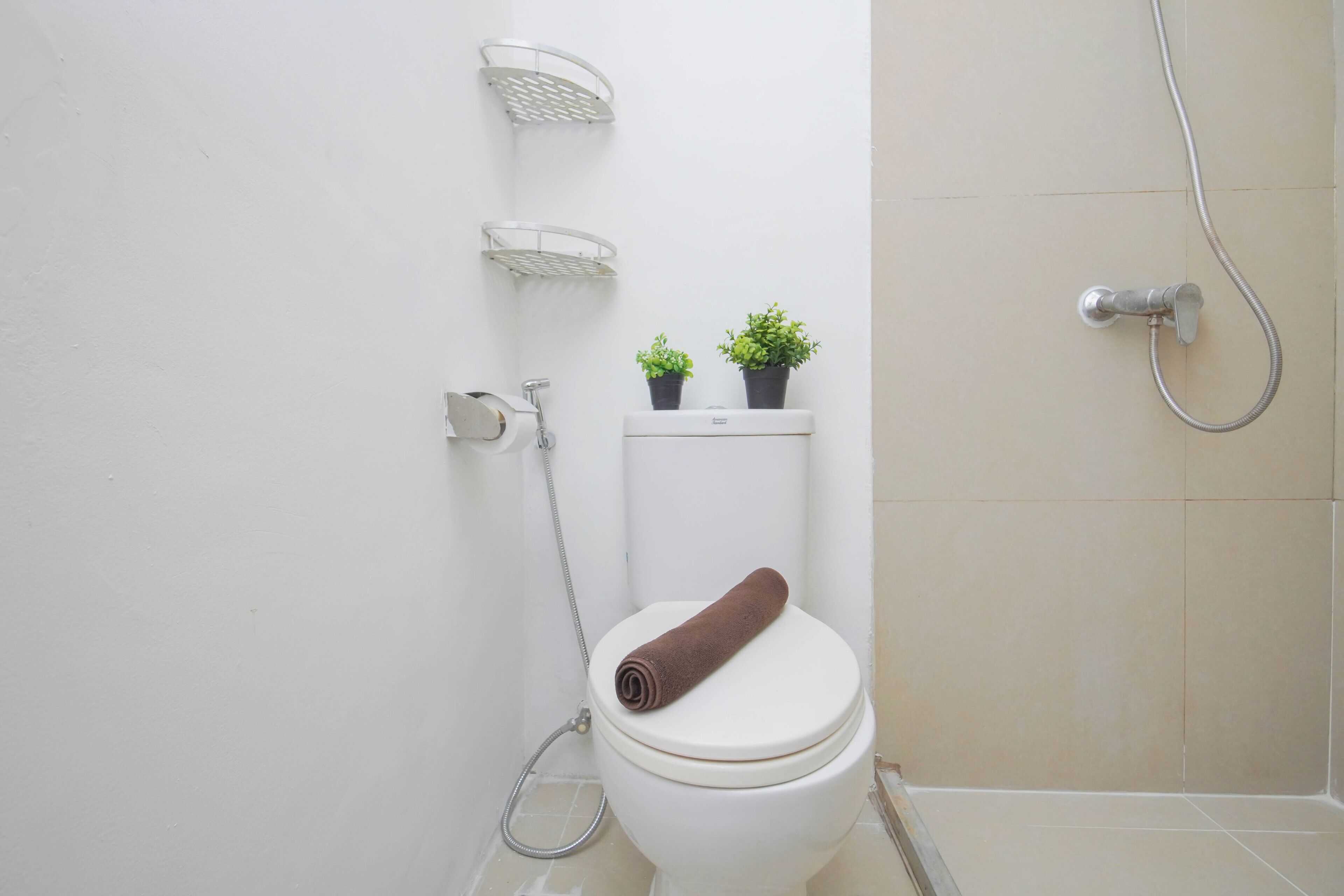 A bathroom with a toilet, shower, and two potted plants on the tank.