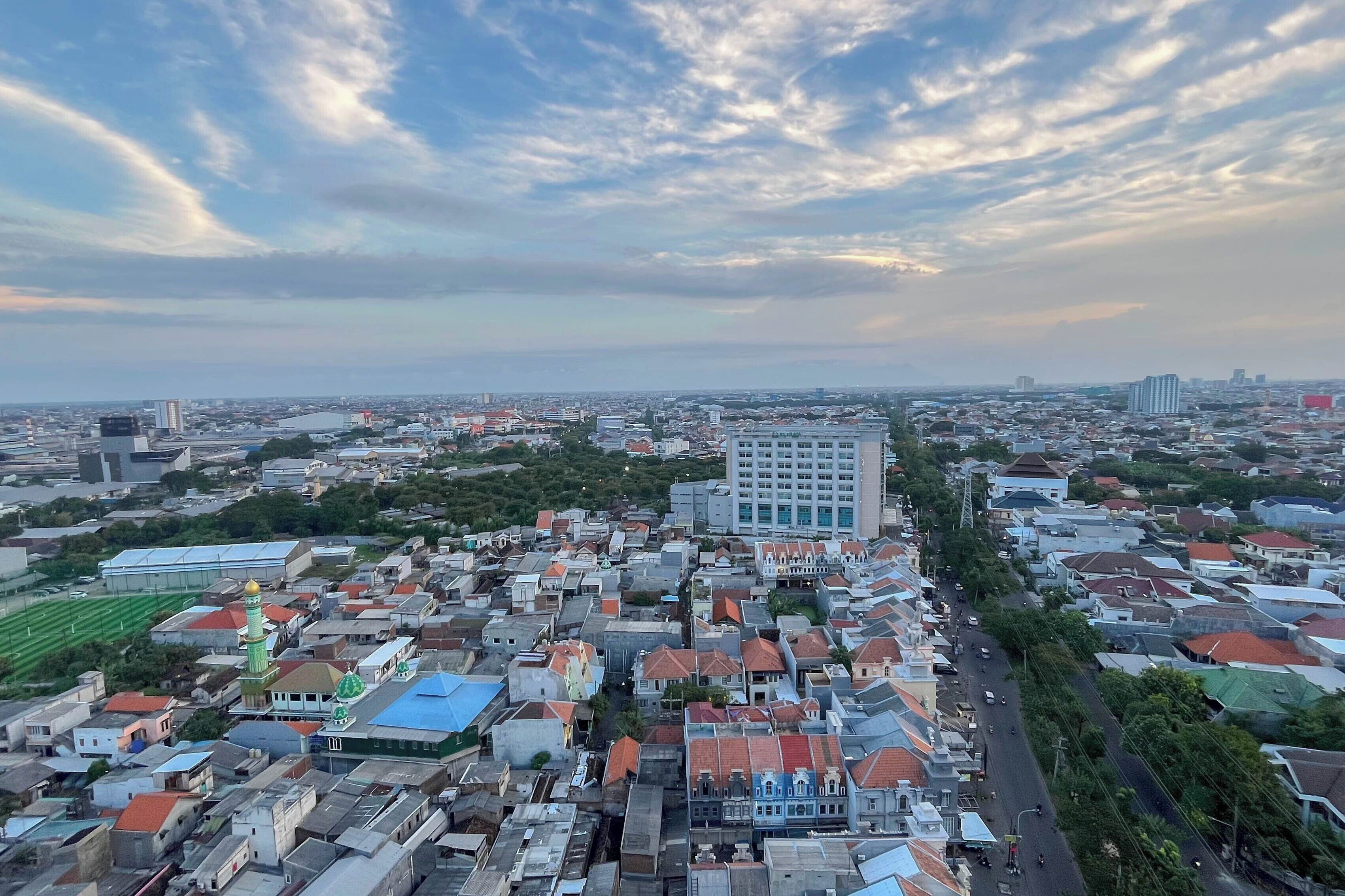 A cityscape with a prominent building in the center, surrounded by residential areas and greenery.