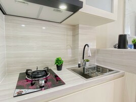 Una cocina moderna con estufa a gas, lavamanos y una pequeña planta en maceta.