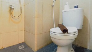 A bathroom with a toilet, a shower, and a toilet paper holder with two rolls.