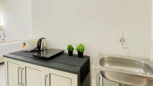 Una kitchenette con un tostador, un lavamanos pequeño y dos plantas en macetas.