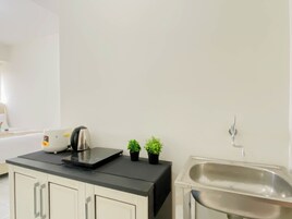 Una kitchenette con un tostador, un lavamanos pequeño y dos plantas en macetas.