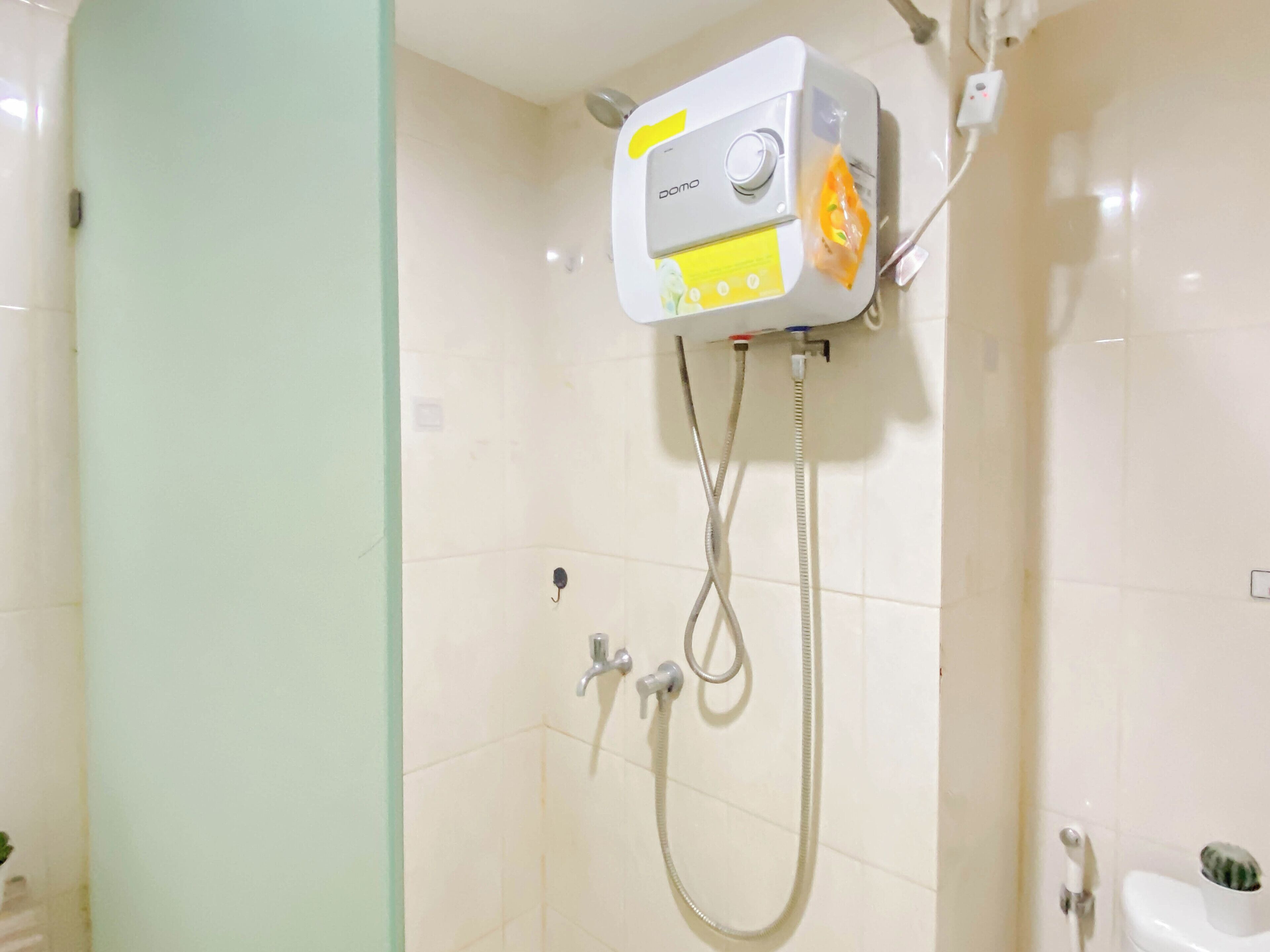A bathroom with a shower unit labeled 'DOMO,' a toilet, and a small potted plant.