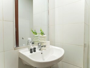 Ein Badezimmer mit einem weißen Waschbecken, einem Spiegel und zwei weißen Vasen mit Grünpflanzen.