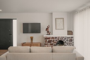 Een woonkamer met een bank, een open haard, een televisie en een deur.