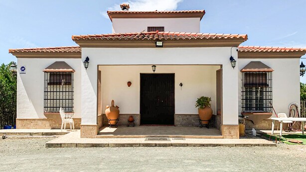 A building with a tiled roof, a central door, and two large potted plants on either side. - 3 bedroom lovely home in Cantillana (Cantillana)