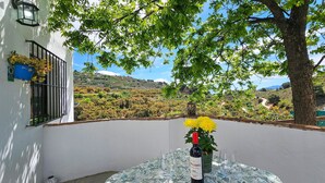 A table with a bottle of wine and two glasses, a potted plant, and a view of a vineyard. - Amazing home in Yunquera (Yunquera)