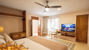 A hotel room with a bed, a desk with a computer, a television, a ceiling fan, and a wardrobe. - Flamenco, double room in Casa Sofia Centro, live Merida! (Mérida)