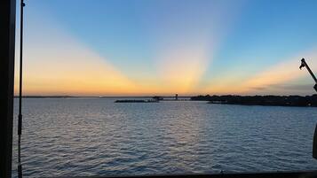 Une vue sur le coucher de soleil depuis un balcon doté d’une balustrade, une jetée au loin et un oiseau en vol.