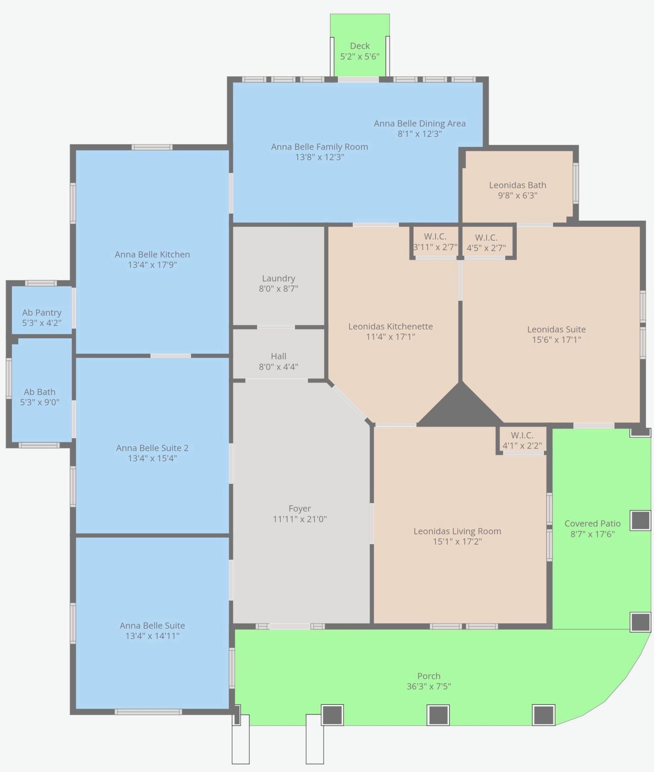 Plano de planta que muestra varias habitaciones, incluyendo cocina, comedor, sala de estar y dormitorios.