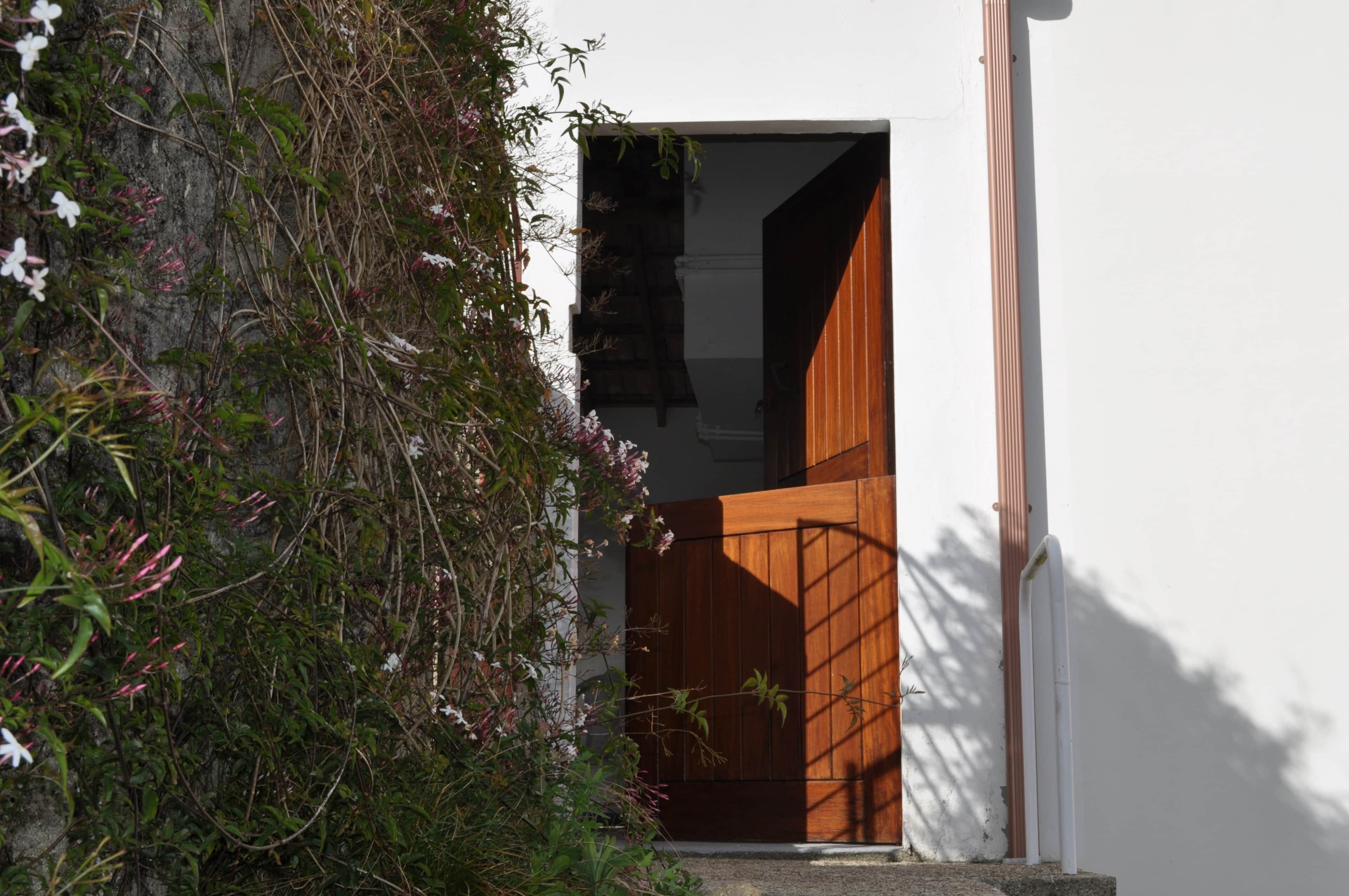 Una puerta de madera con una pared blanca y un pequeño jardín con plantas y flores.