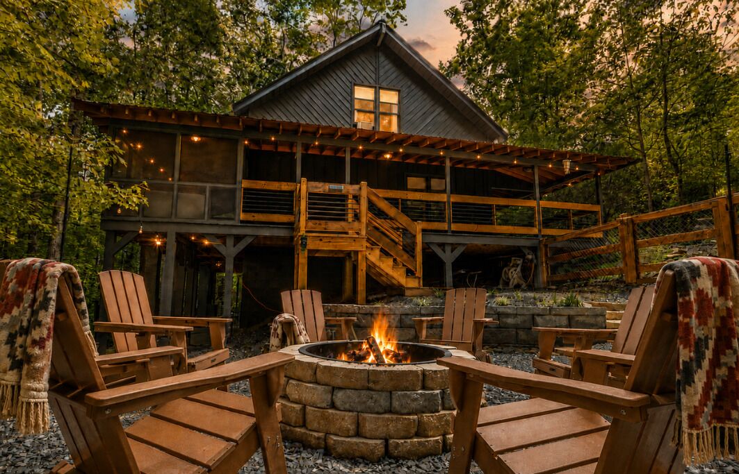 A cabin with a fire pit and outdoor seating.