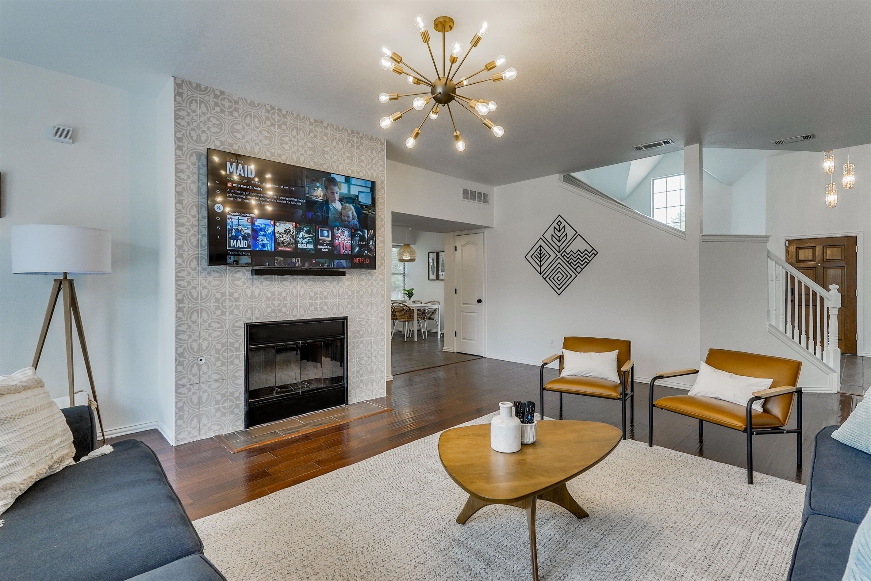 Smart TV, fireplace, books