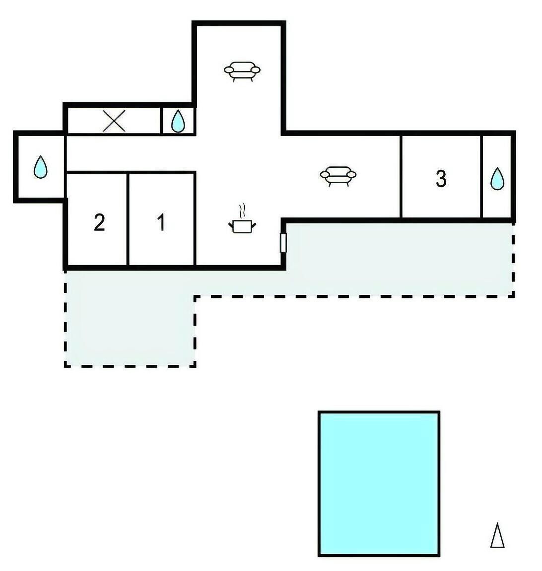 Un plano de planta que muestra tres habitaciones, un baño y un rincón americano.