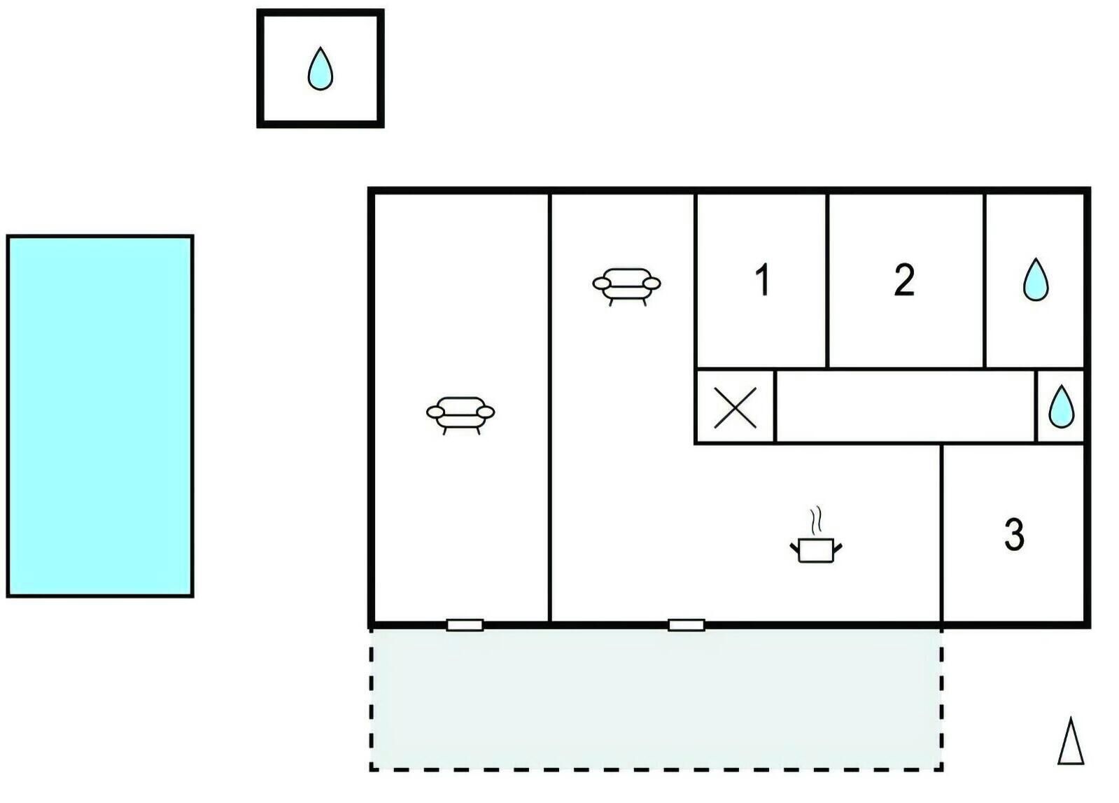 Un plan d’étage comprenant une salle de bain, un coin cuisine et un espace de vie.