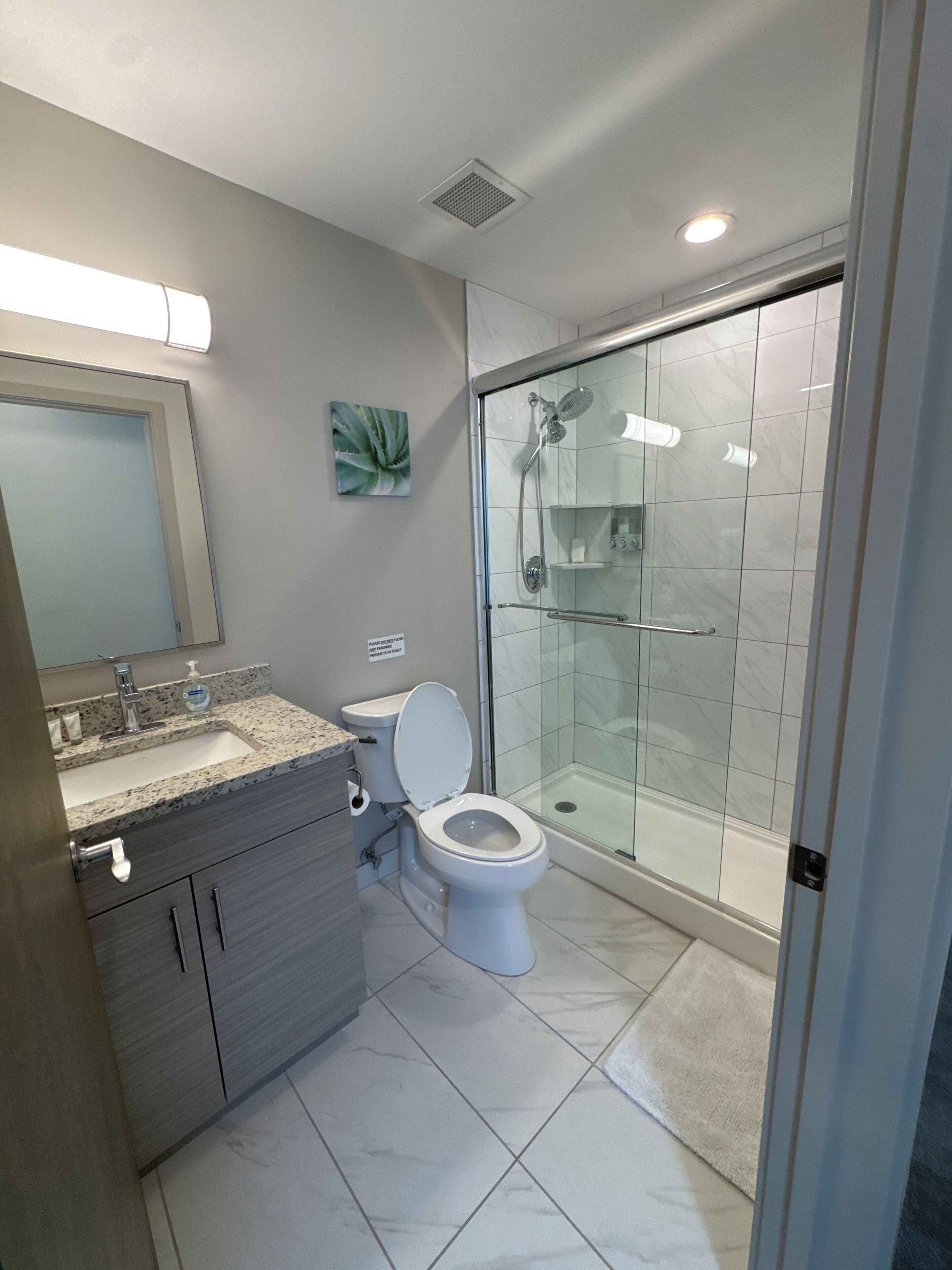 A modern bathroom with a glass-enclosed shower, a toilet, and a vanity with a mirror.