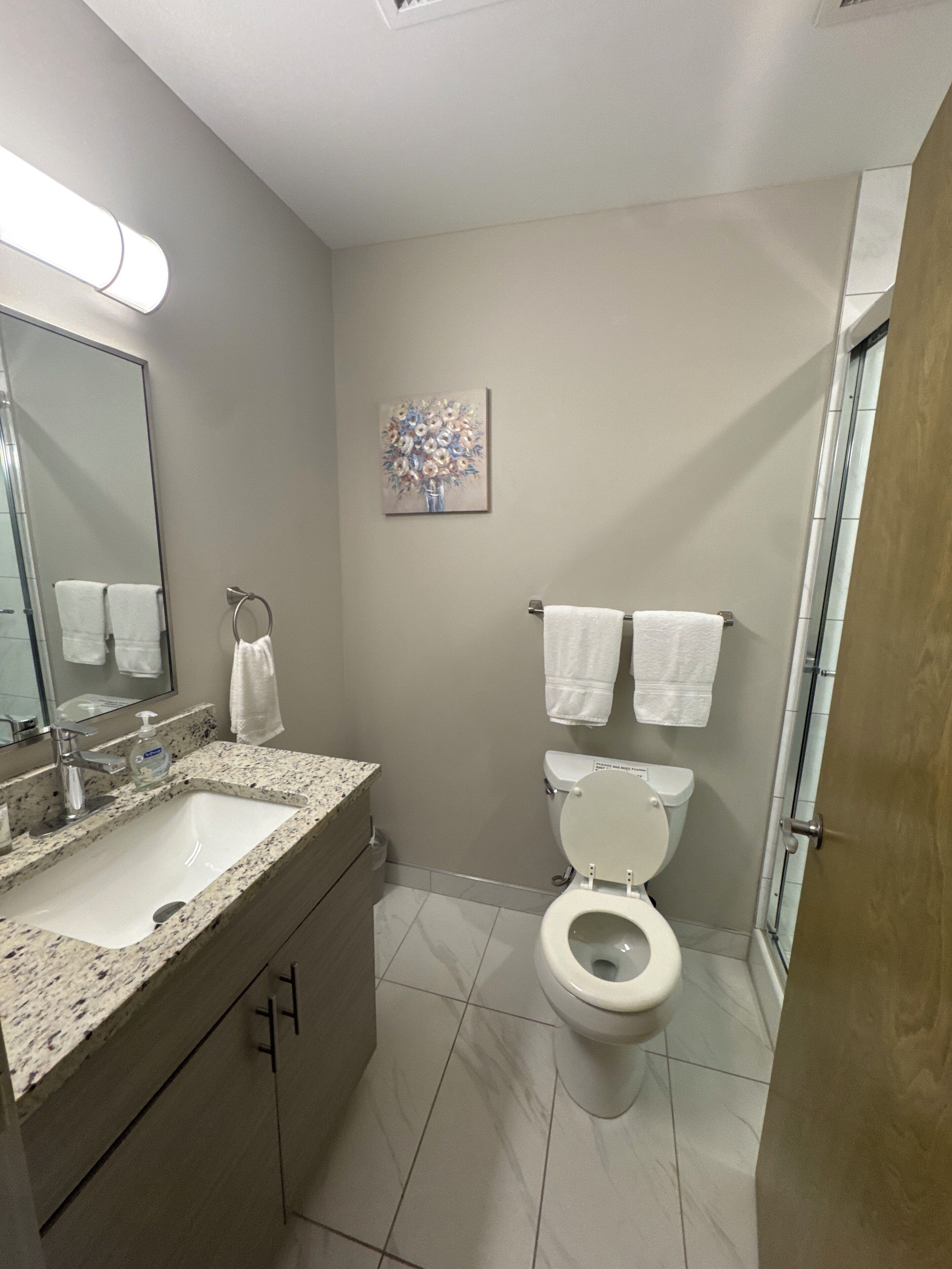 A bathroom with a sink, mirror, toilet, and shower.