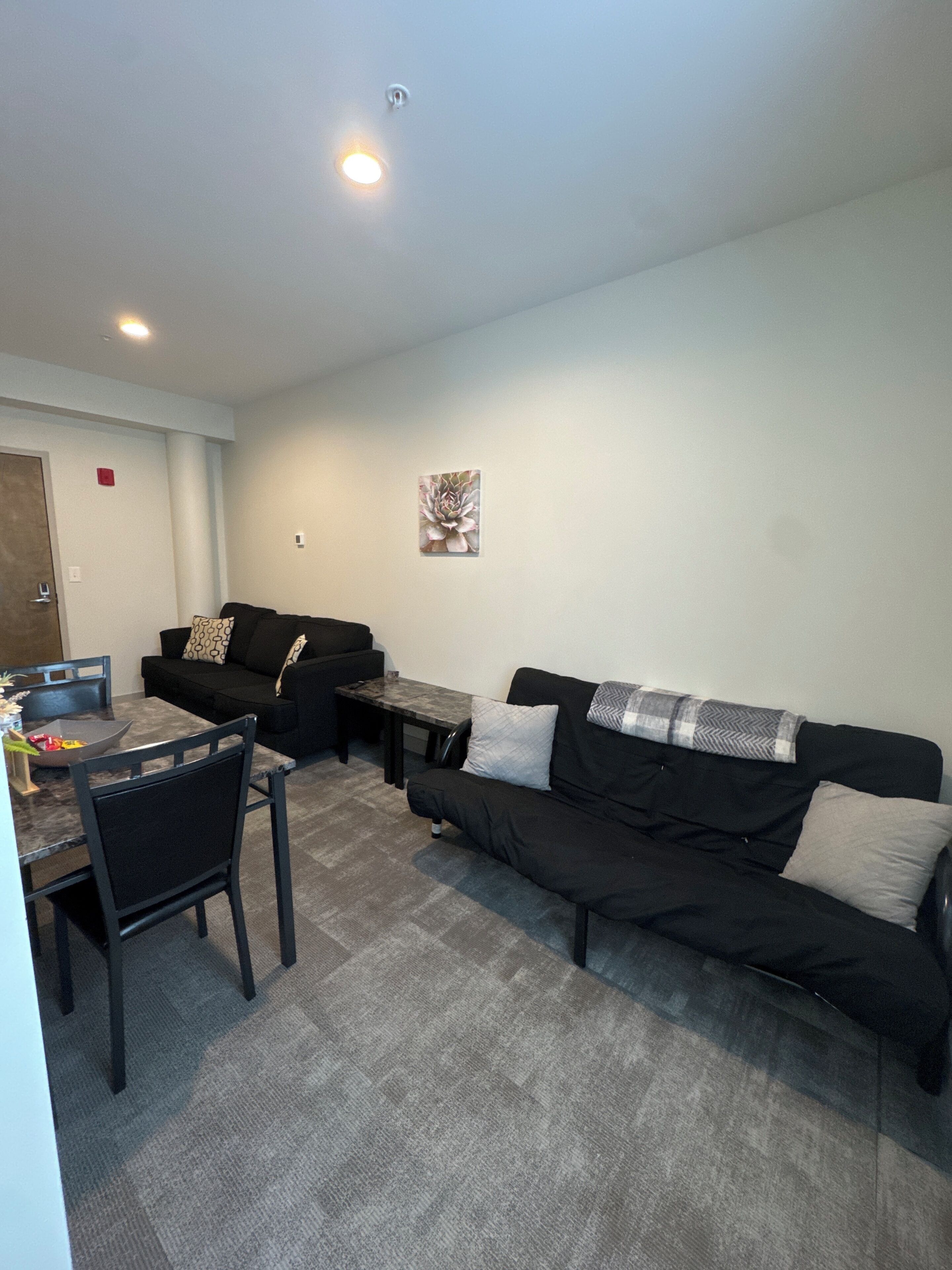 En kompakt opholdsstue med spiseplads, en sort sofa, et lille bord og et billede på væggen.
