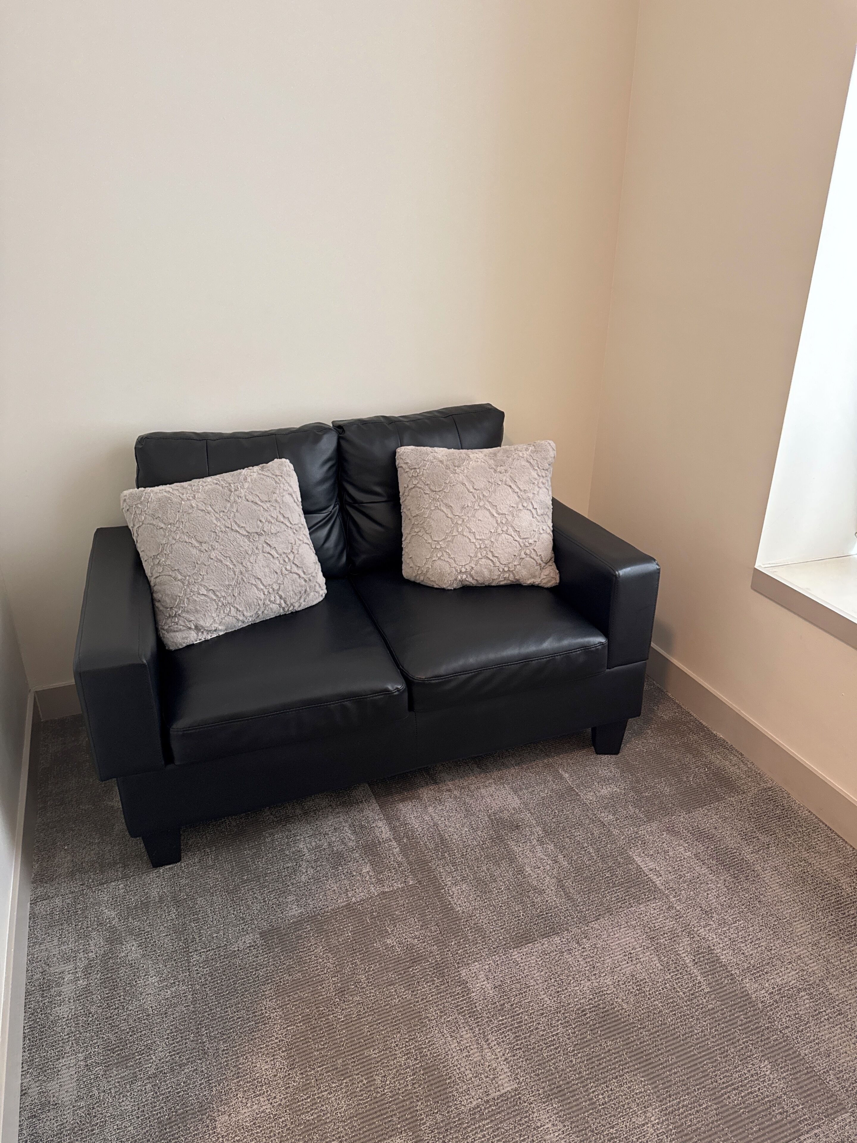 A black leather sofa with two textured pillows against a plain wall, a carpeted floor, and a window on the right.
