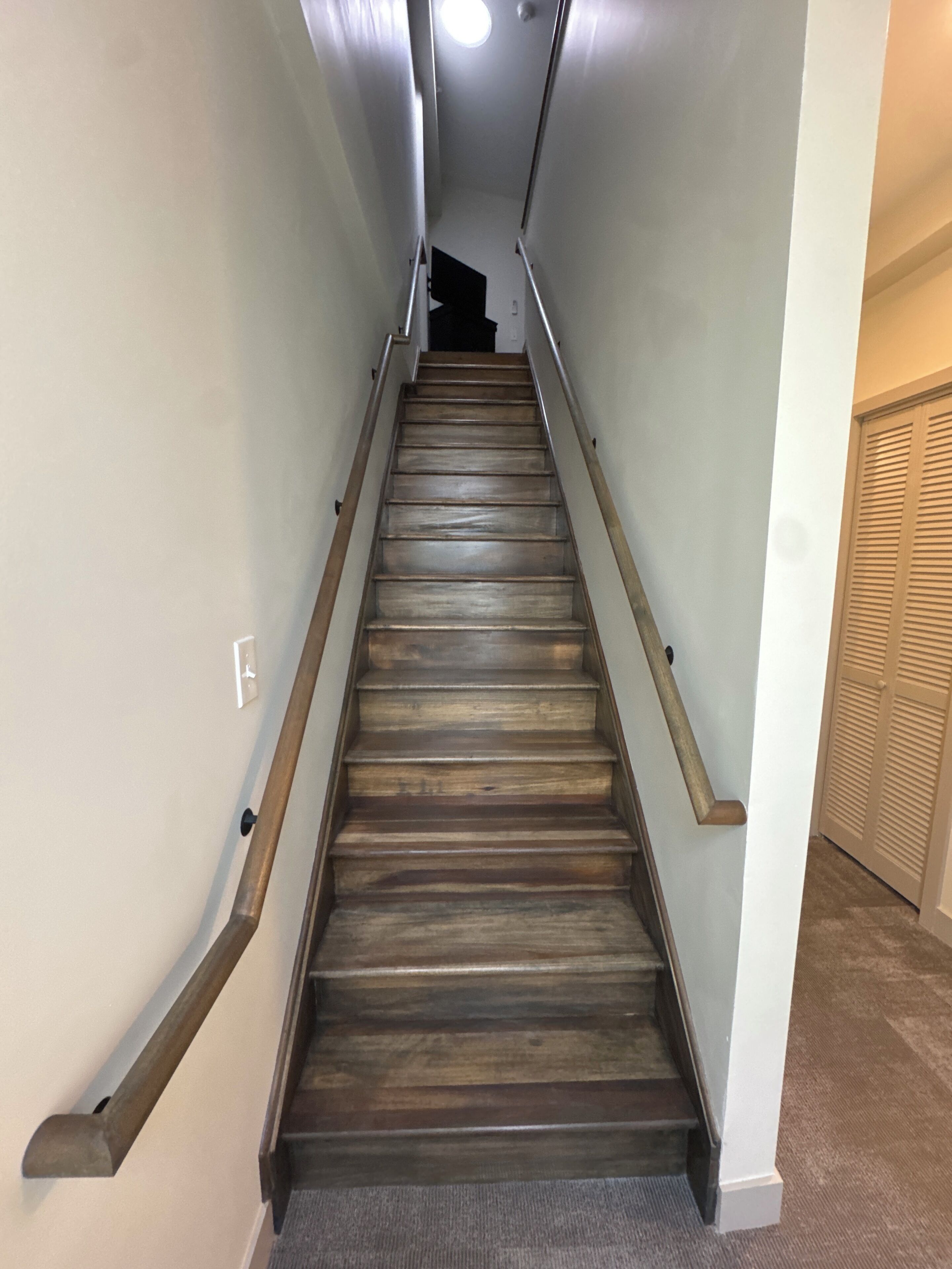A wooden staircase with handrails, carpeted steps, and a closed door at the top.