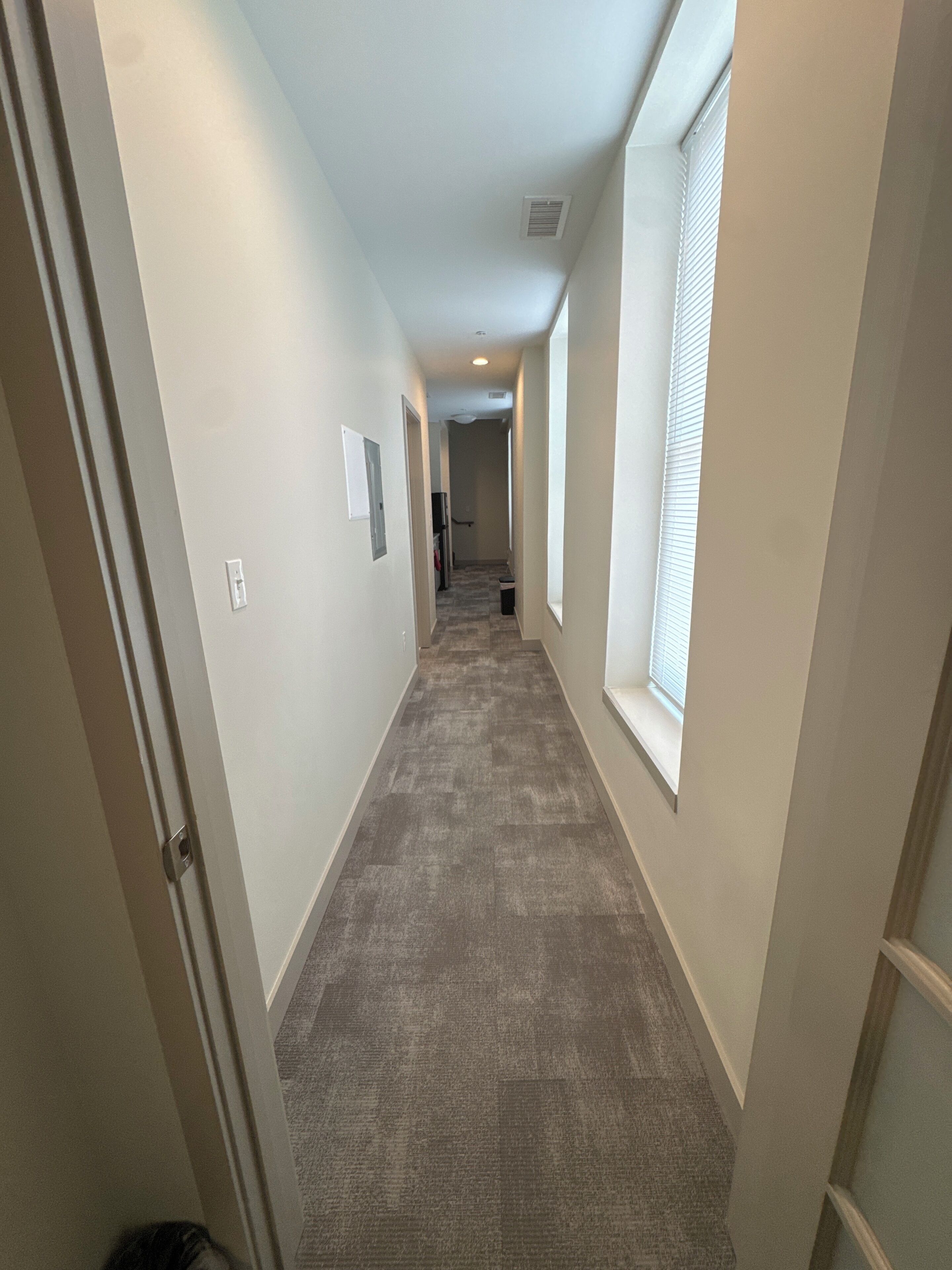 Un couloir étroit, avec un sol recouvert de moquette, des murs blancs et une porte sur le côté gauche.