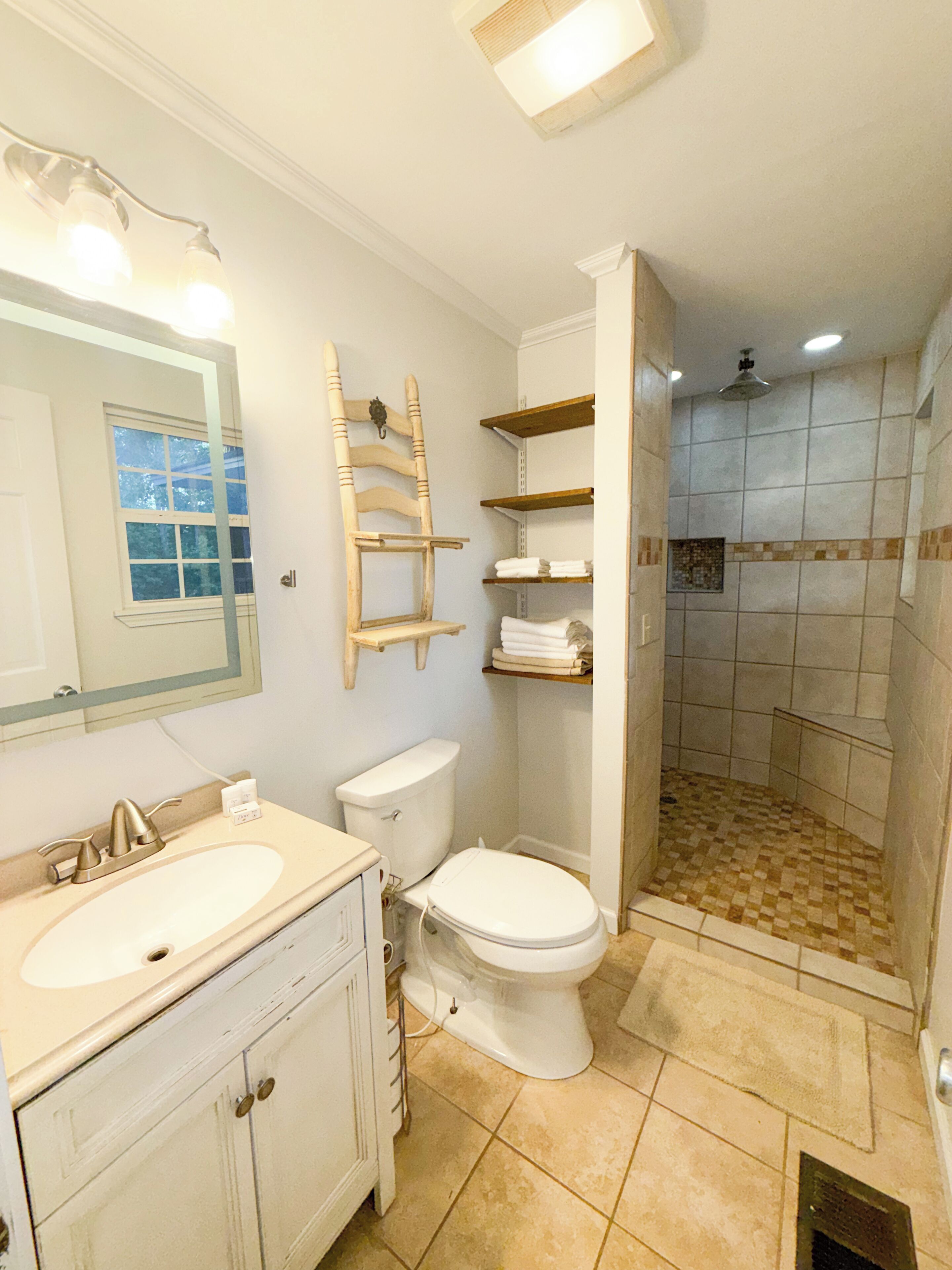 Shower, towels, soap, toilet paper
