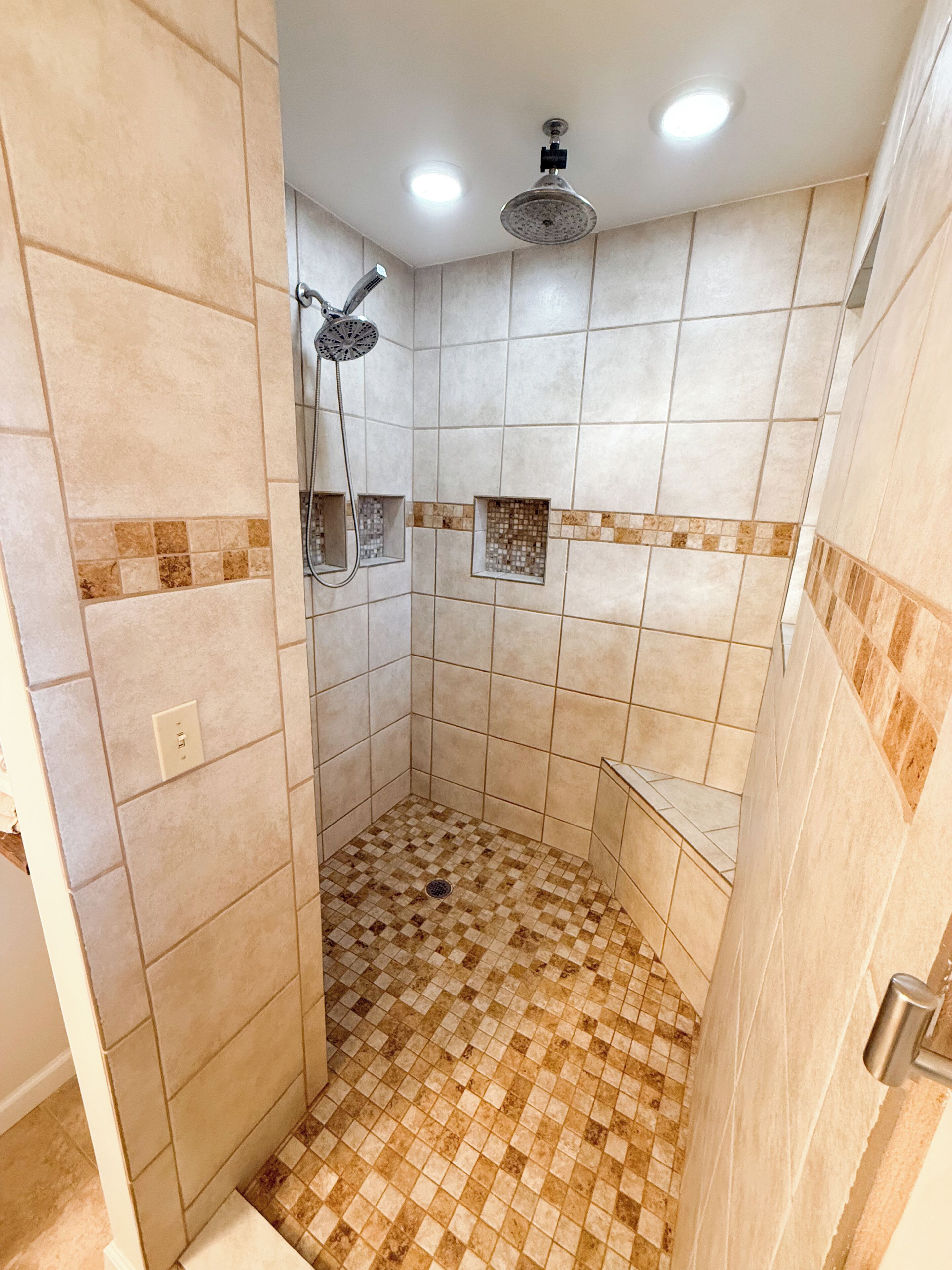 Shower, towels, soap, toilet paper