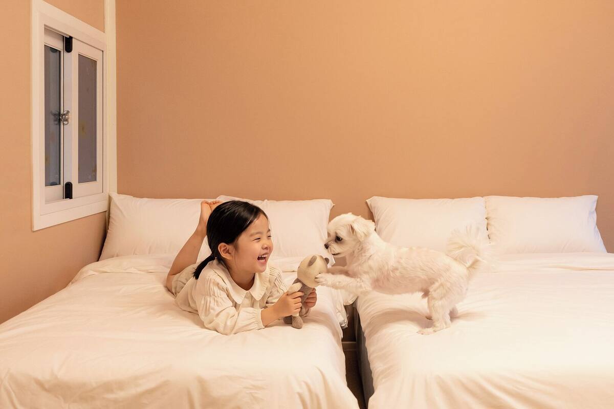 A bed with white bedding, a window with frosted glass, and a wall-mounted light switch.