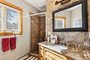 Shower, hair dryer, towels, shampoo - Cabin Across from HoliMont, Creek-Side Back Deck (Ellicottville)