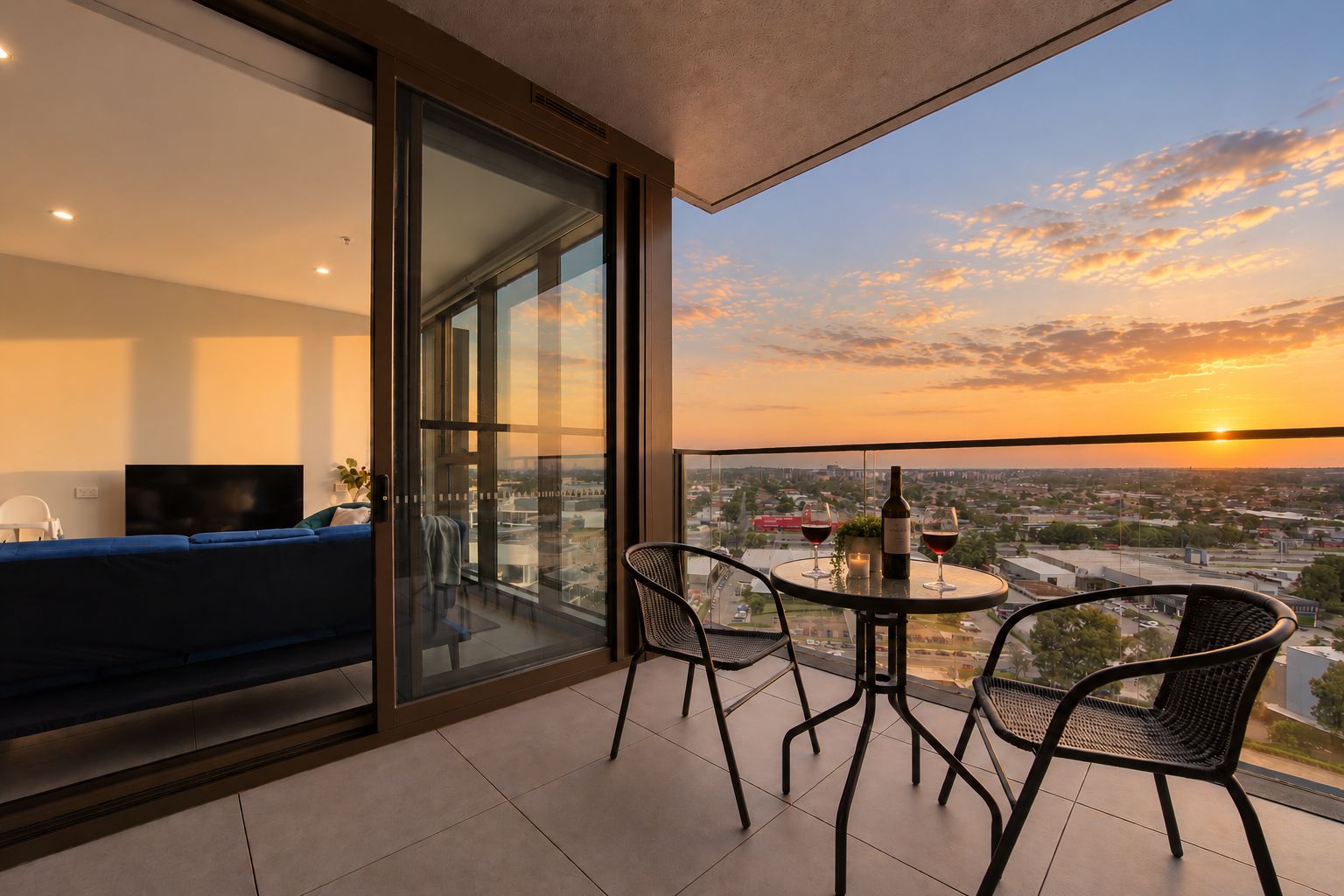 Un balcon avec une porte-fenêtre, un canapé, une table avec des chaises et une bouteille de vin.